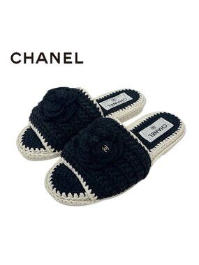 Chanel Sandals Shoes Fabric Black White Coco Mark Camellia Knit Flat Mule